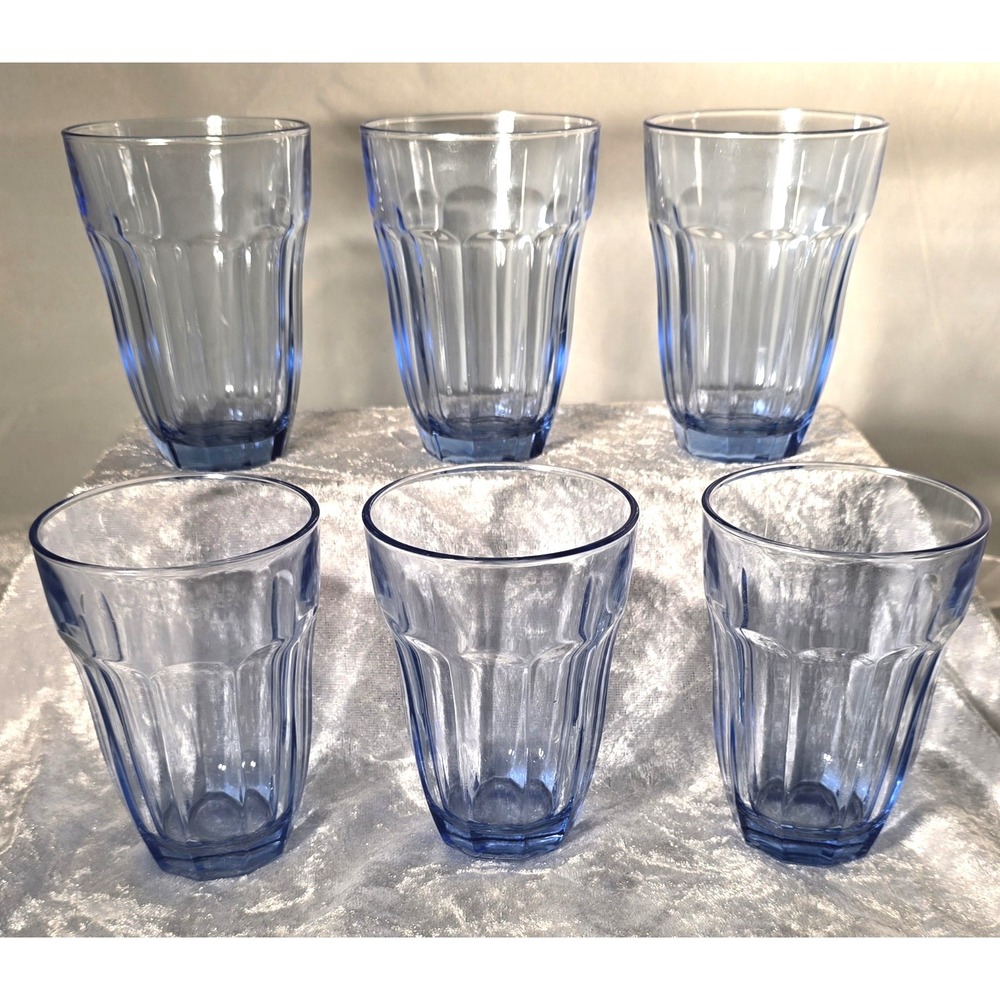 6 Vintage 1960s Paşabahçe, Turkey  Blue Transparent Ribbed 4.25‎ " Juice Glasses